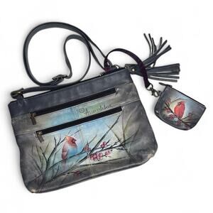 ANUSCHKA Medium Crossbody Cardinal Bird Double Zip Pocket Painted Signed Artwork